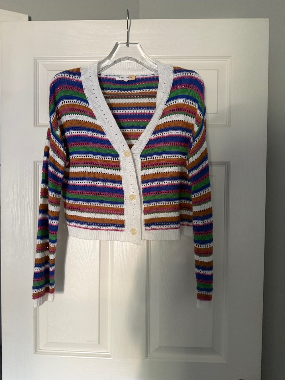 Cropped Multi-Stripe Crochet Cardigan - White Trim
